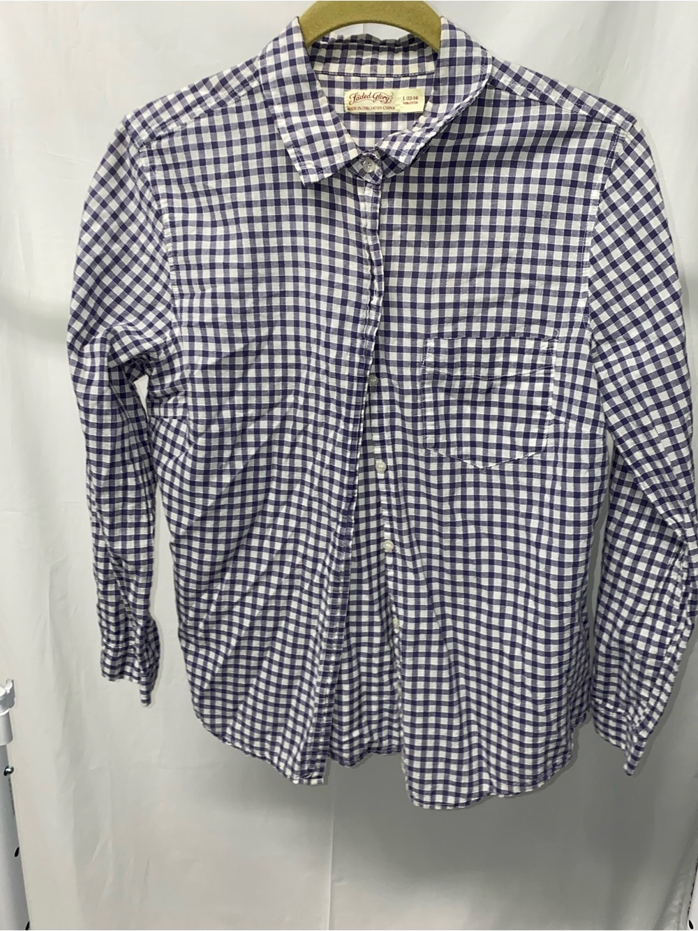 Faded Glory Navy and White Gingham Button-Down Shirt